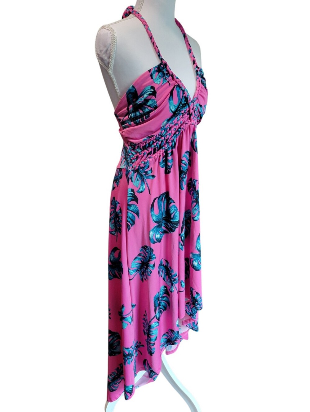 Venus Pink Palm Leaf Braided Halter Strap OpenBack HighLow Hem Resort Wear Dress - Picture 3 of 9